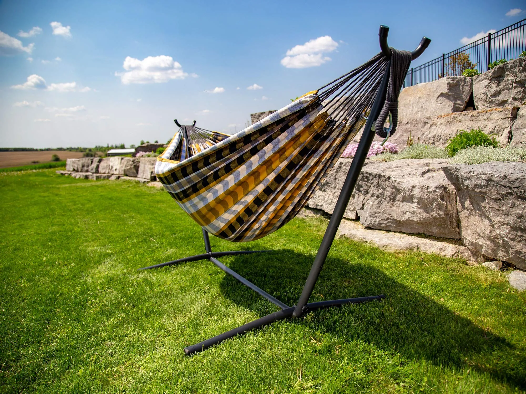 110" Gray & Gold Plaid Brazilian Hammock with Steel Stand - The Hamptons Collection