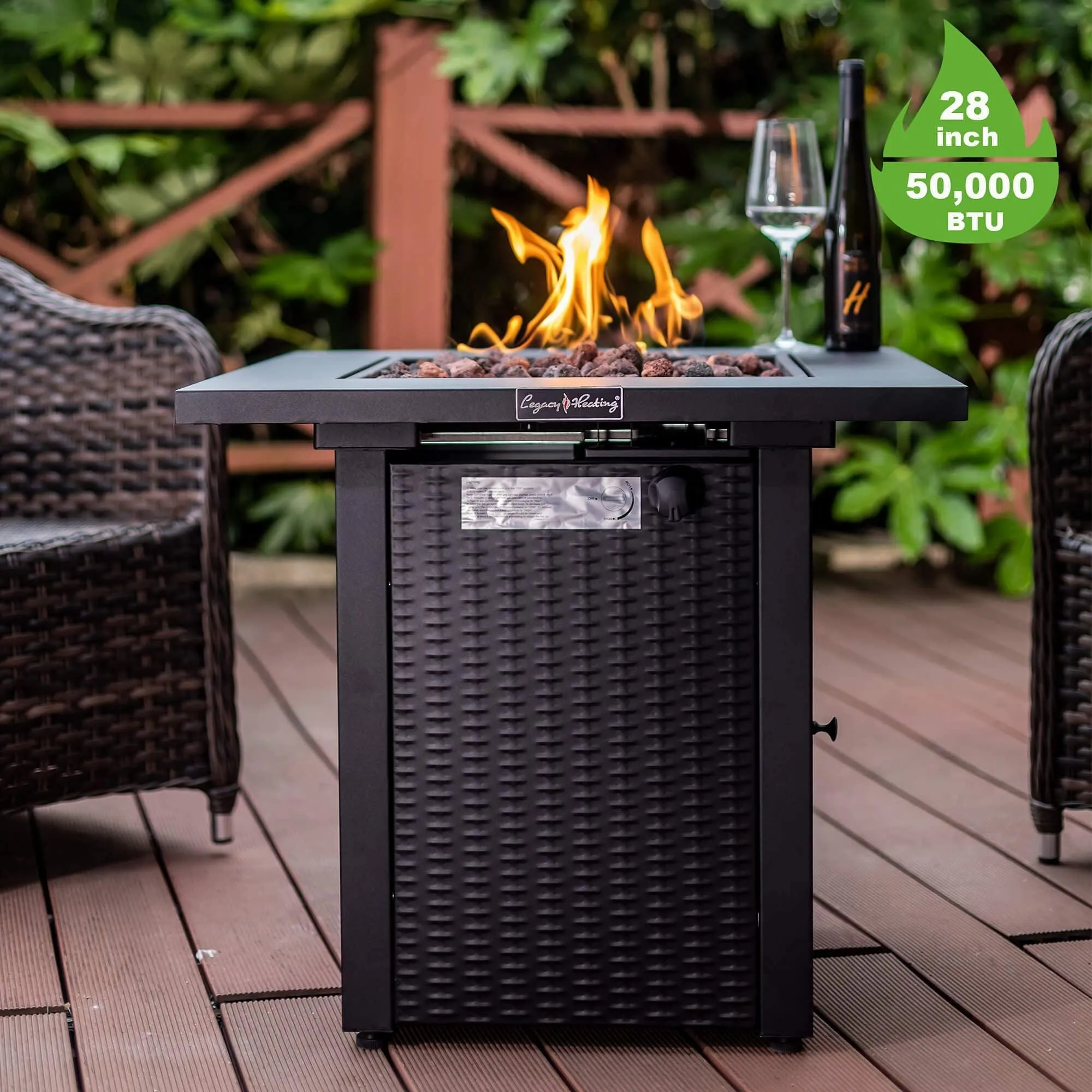 28" Outdoor Propane Fire Pit Table, 50,000 BTU, Rattan-Look with Lid, Lava Stone, ETL Certified.