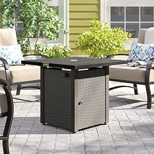 28" Outdoor Propane Fire Pit Table, 50,000 BTU, Rattan-Look with Lid, Lava Stone, ETL Certified.