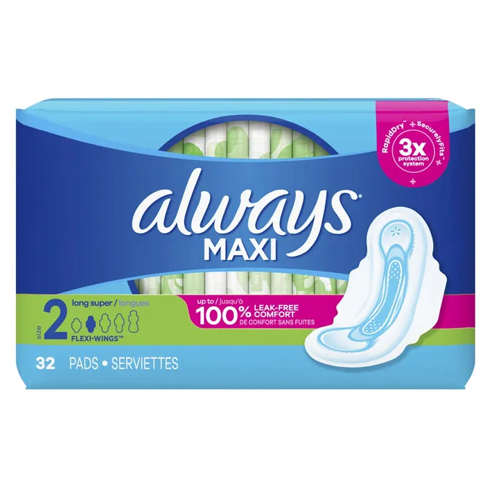 Always Maxi Pads with Wings Long Super Absorbency Size 2, 32 Count