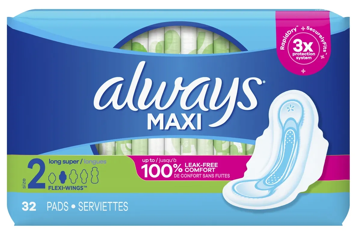 Always Maxi Pads with Wings Long Super Absorbency Size 2, 32 Count