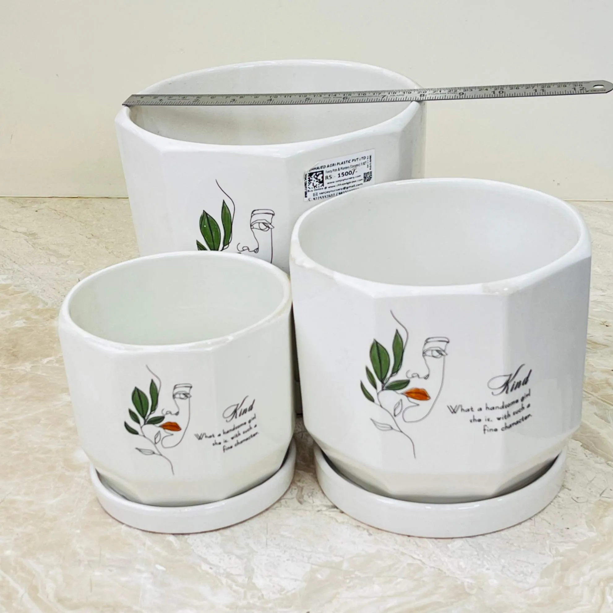 Artistic Line Art Ceramic Planter Set Of 3