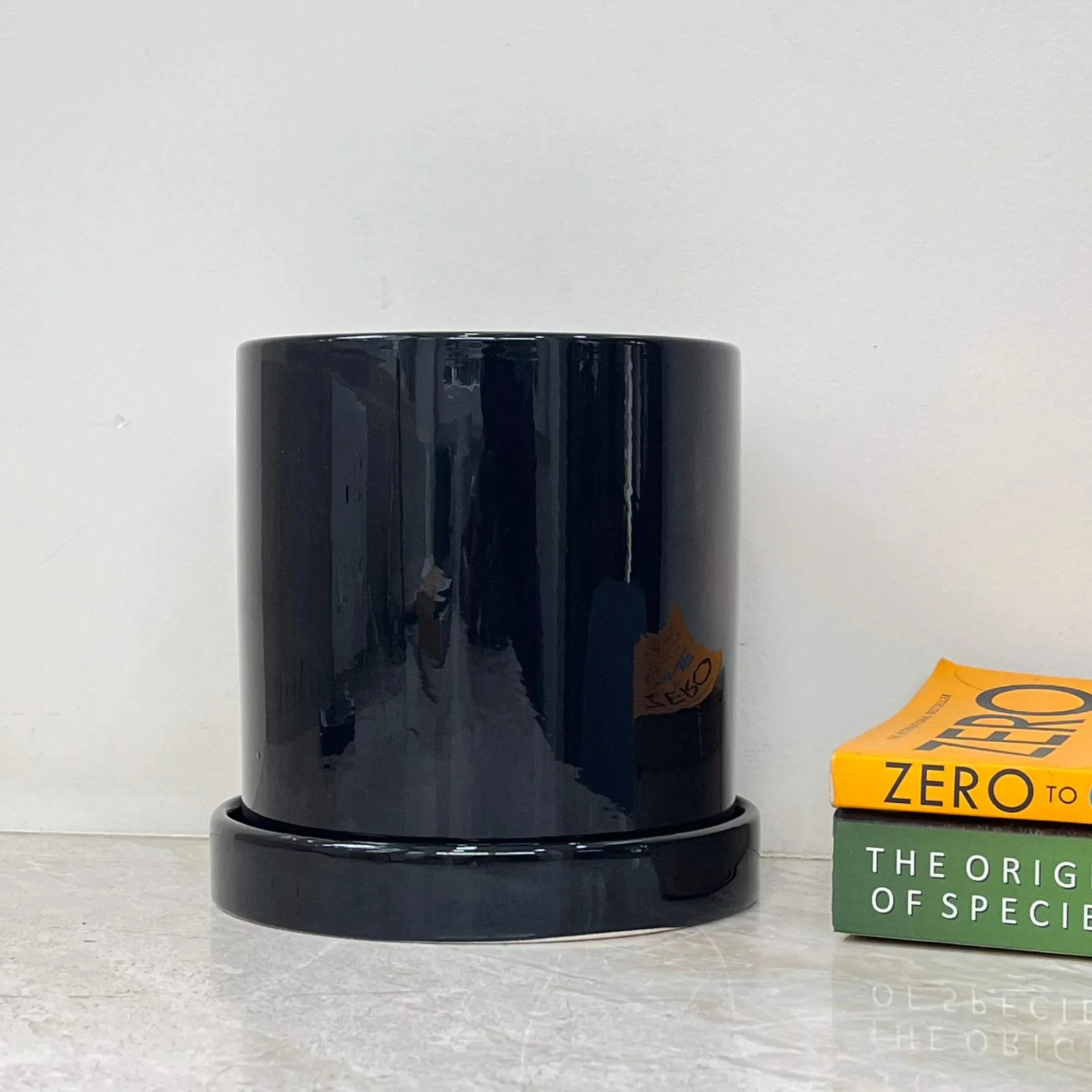 Cylindrical Black Glossy Plant Pot