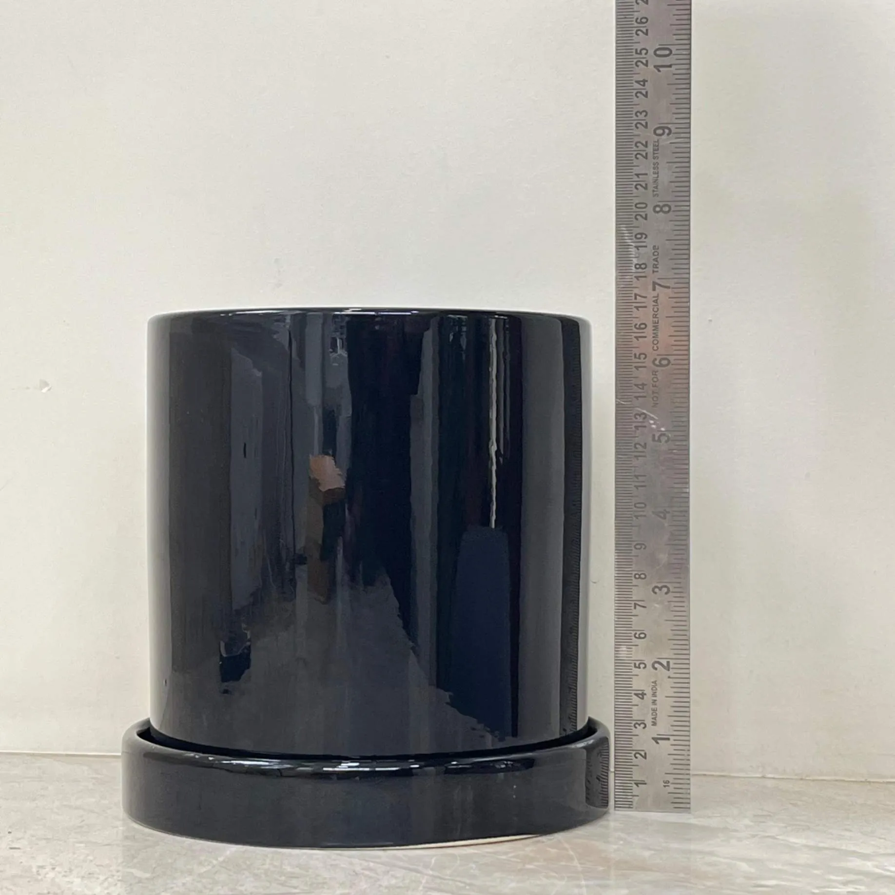 Cylindrical Black Glossy Plant Pot