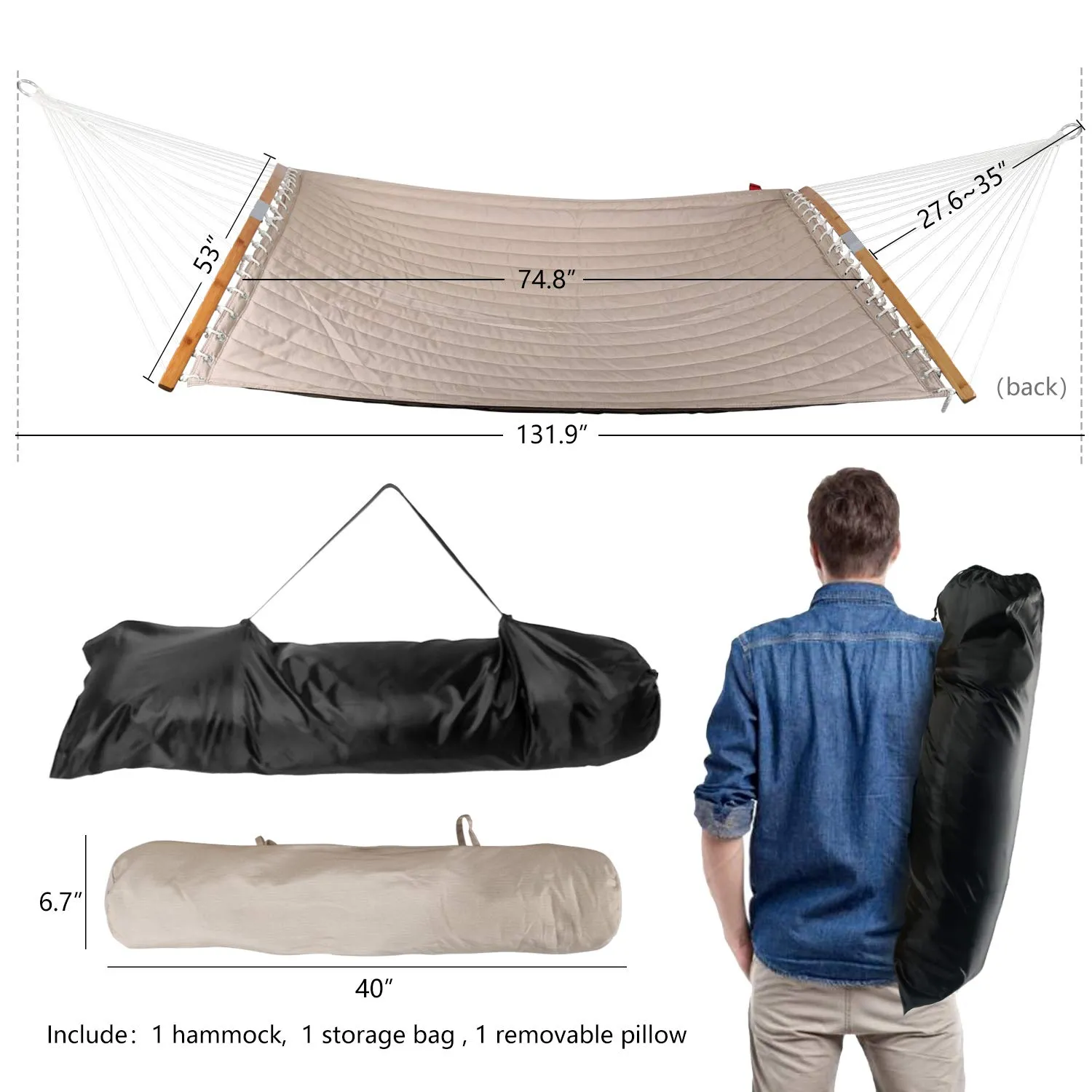 Double Hammock with Fold-able Bar & Detachable Pillow - Bathonly