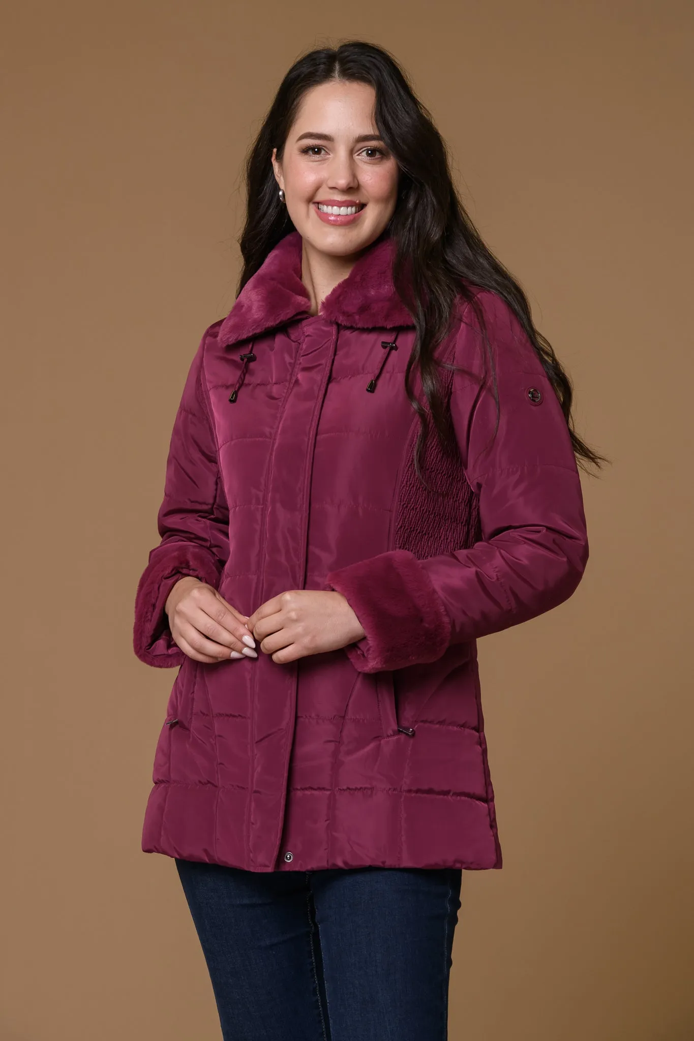 Elastic Panel Fur Trim Jacket-Wine