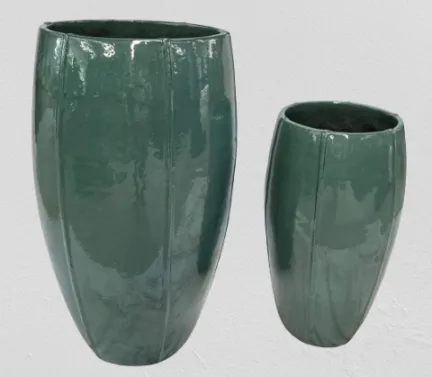 Elegant Green Glazed Tall Ceramic Planters - Set of 2