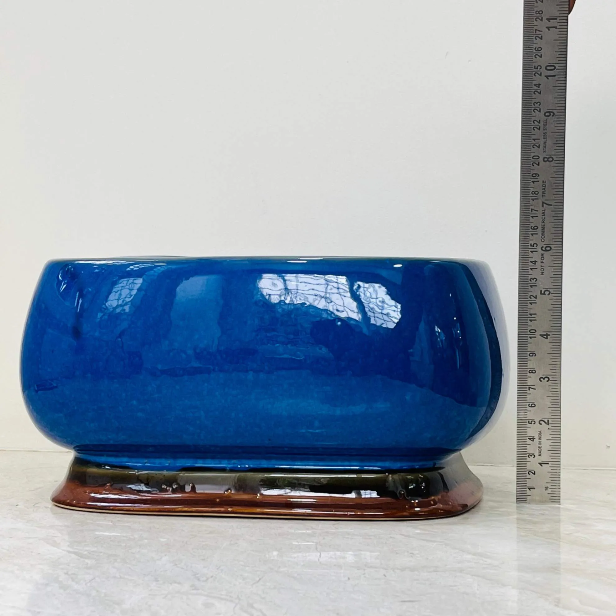 Glossy Blue Oval Ceramic Planter Set Of 2 with Brown Base