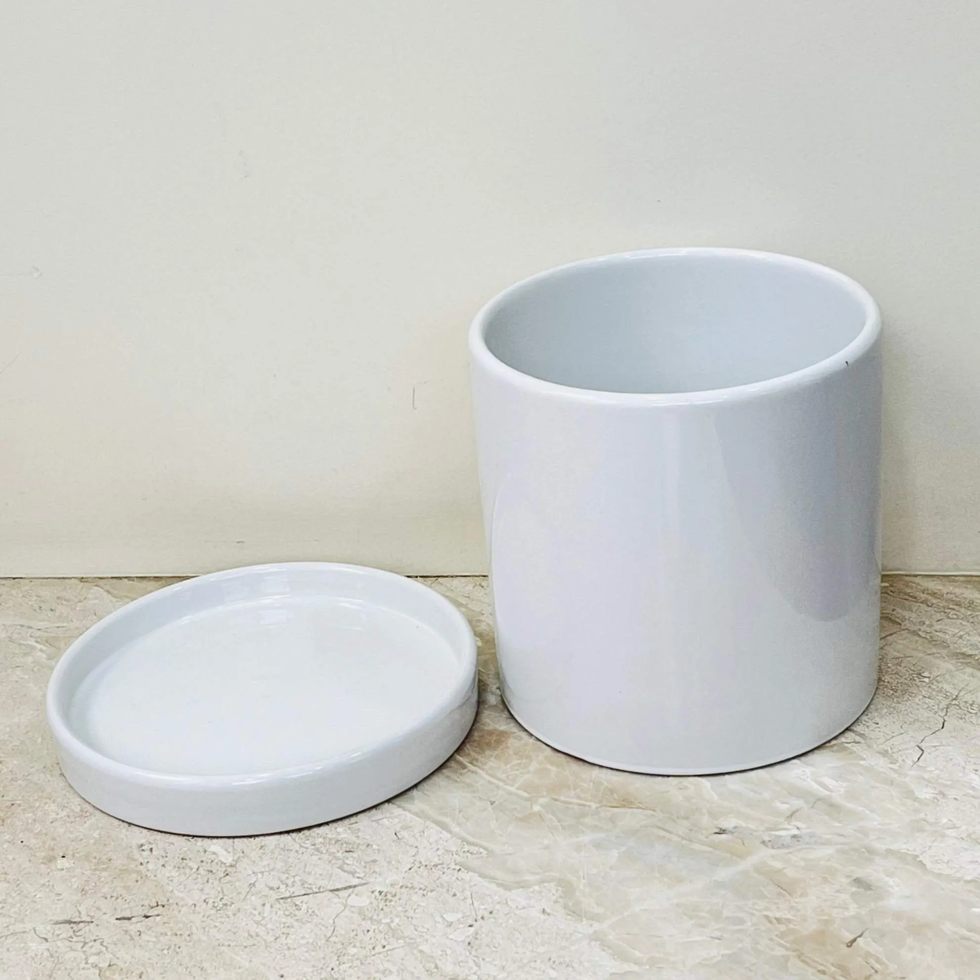 Glossy White Cylindrical Ceramic Planter with Saucer