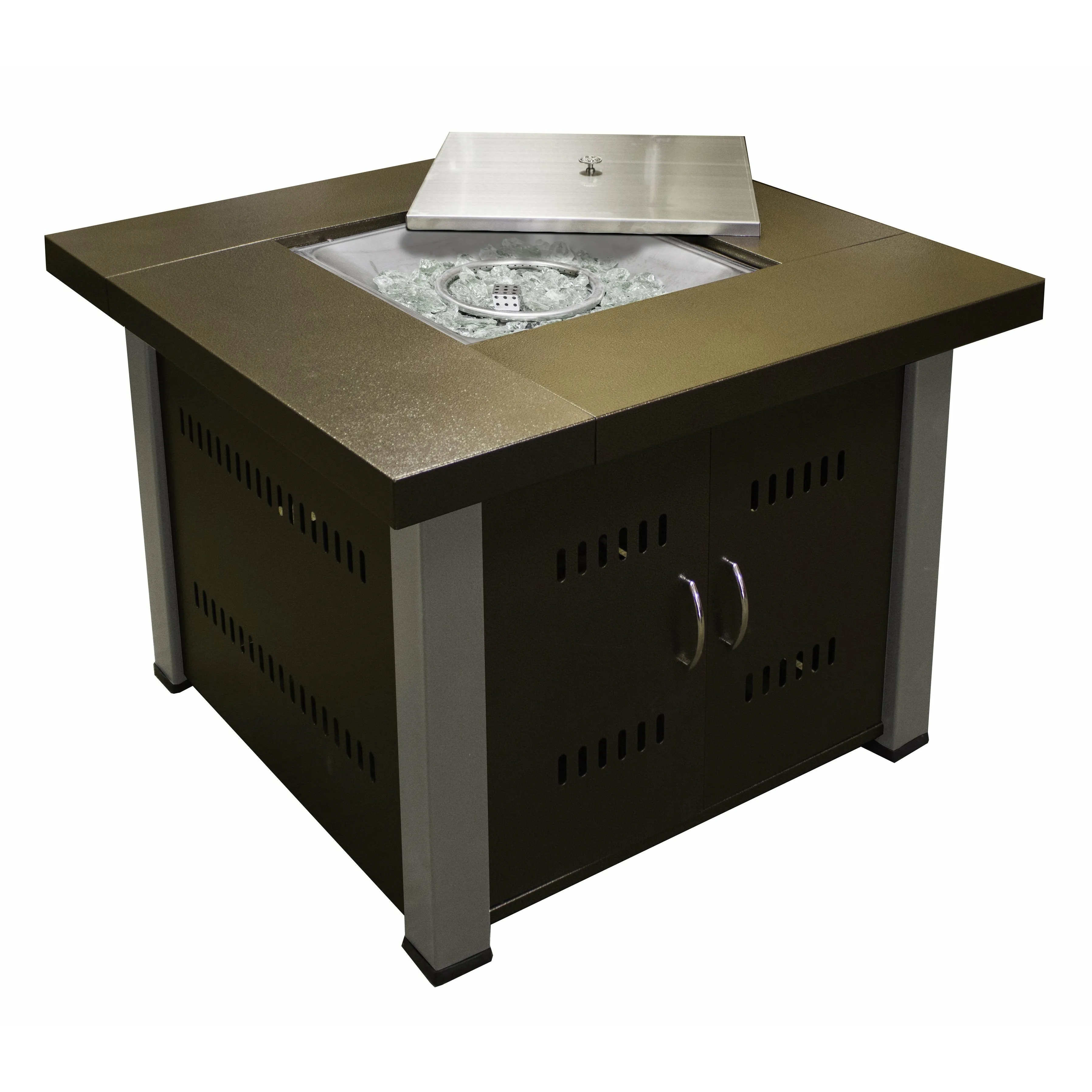 Hammered Bronze Square Fire Pit with Stainless Steel Legs and Lid