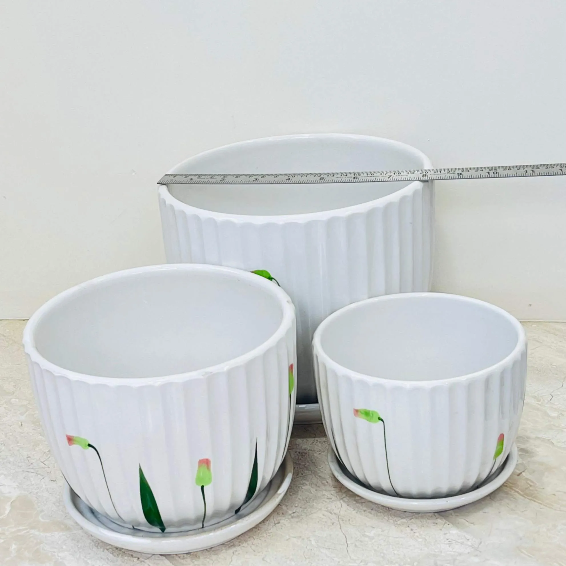 Hand-Painted Floral Ribbed Ceramic Planter Set (Set Of 3)