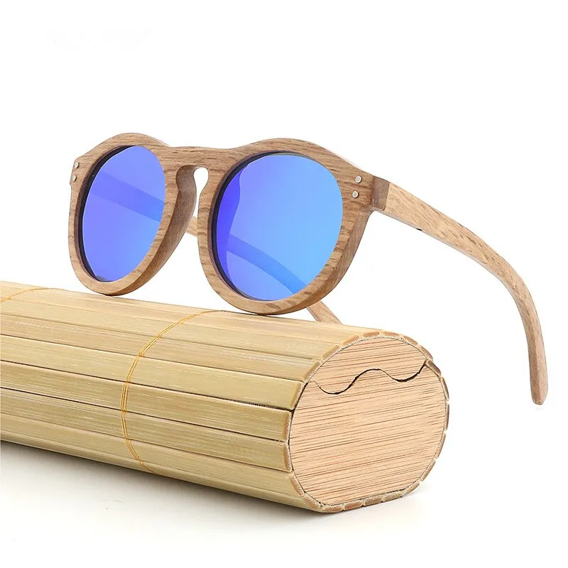 Hdcrafter Unisex Full Rim Round Bamboo Wood Frame Polarized Sunglasses Lw3016