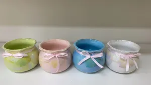 High-Gloss Ceramic Pot with Ribbon Accent - Pastel Colors