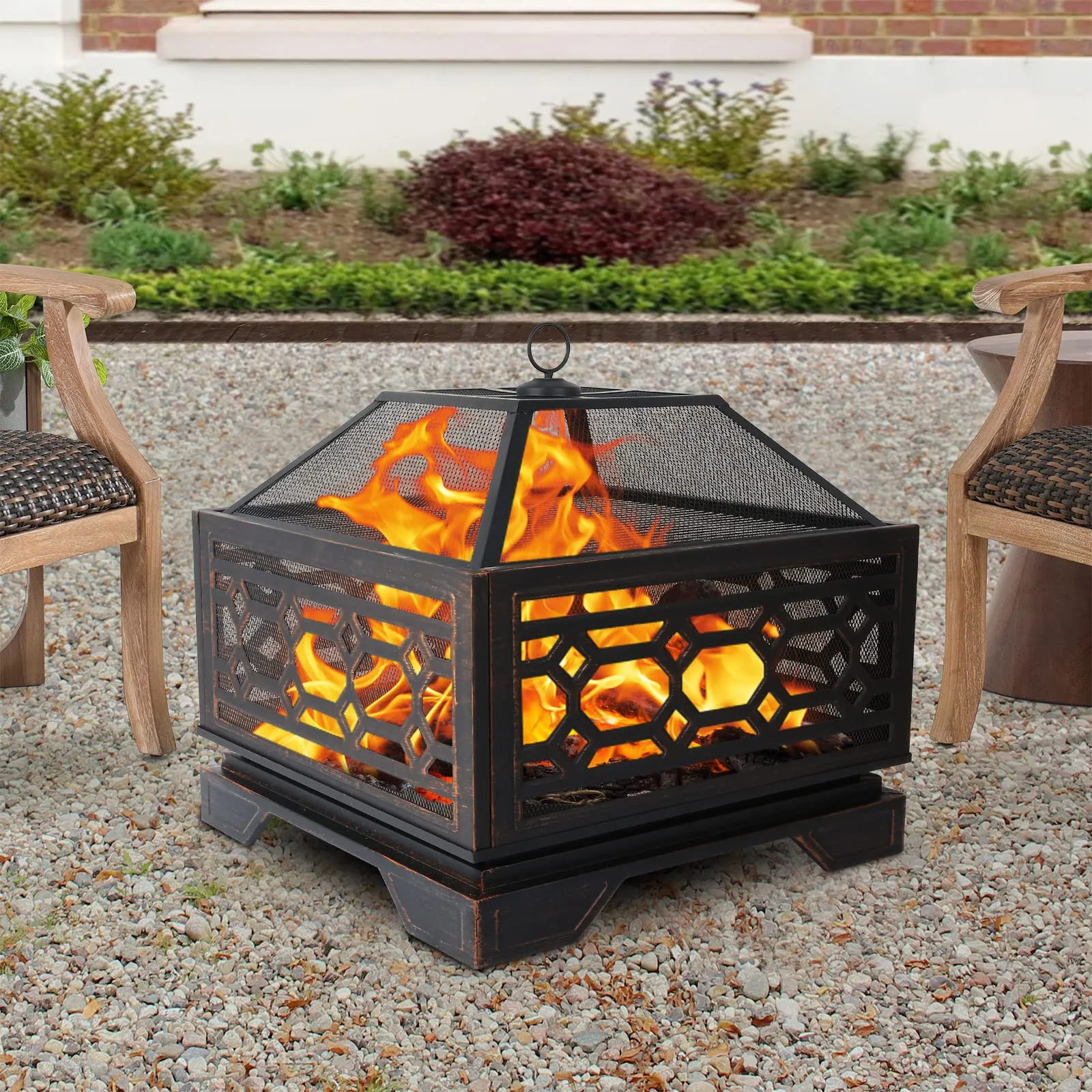 Hykolity 26 Inch Outdoor Fire Pit Square Extra Deep Wood Burning Firepits Large Bonfire with Cooking Grate & Poker for Outside, Patio, Backyard