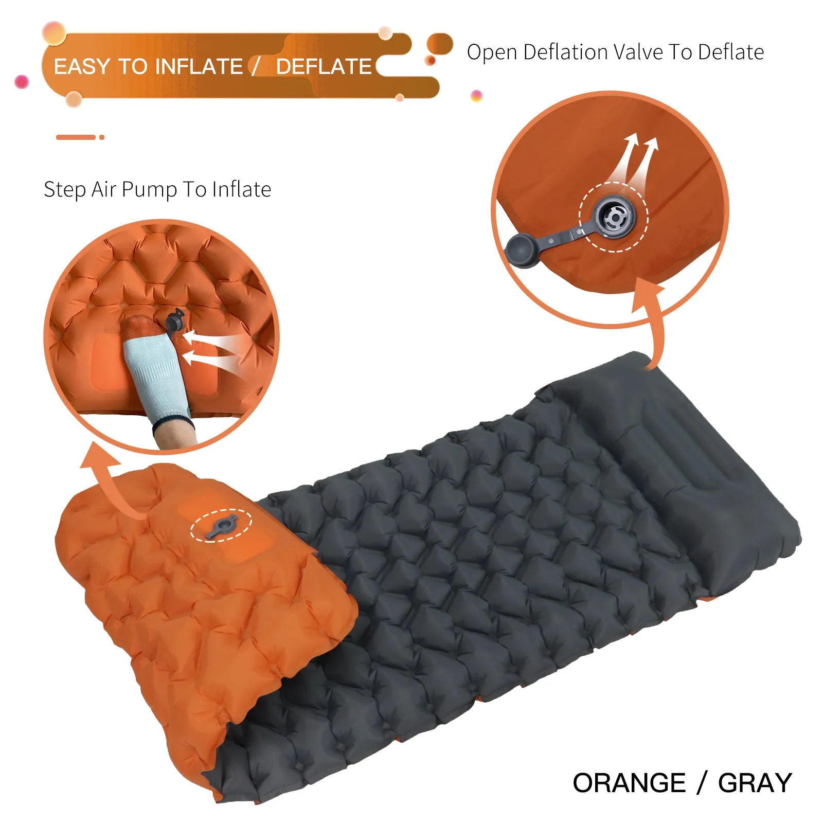 Inflating Sleeping Pad with Built-in Pump Orange/Grey