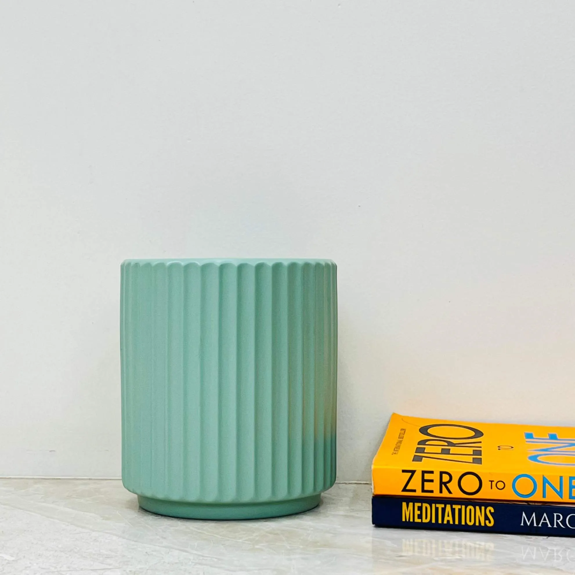 Mint Green Vertical Ribbed Ceramic Planter