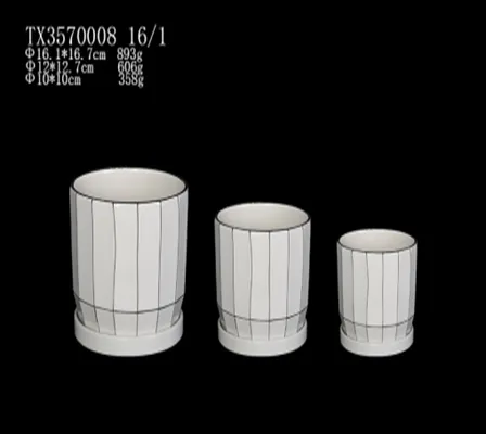 Modern Cylinder Ceramic Pot with White and Black Stripes ( Set Of 3 )