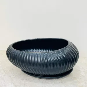 Oval Matte Black Ceramic Planter – Modern Ribbed Indoor Plant Pot