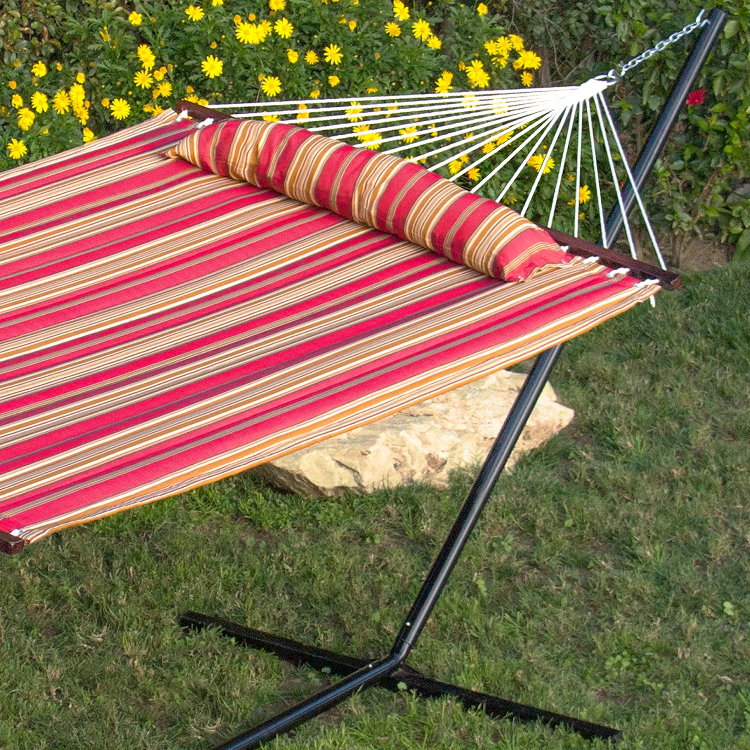 Quilted Double Hammock with Detachable Pillow & Spreader Bar - Best Choice Products