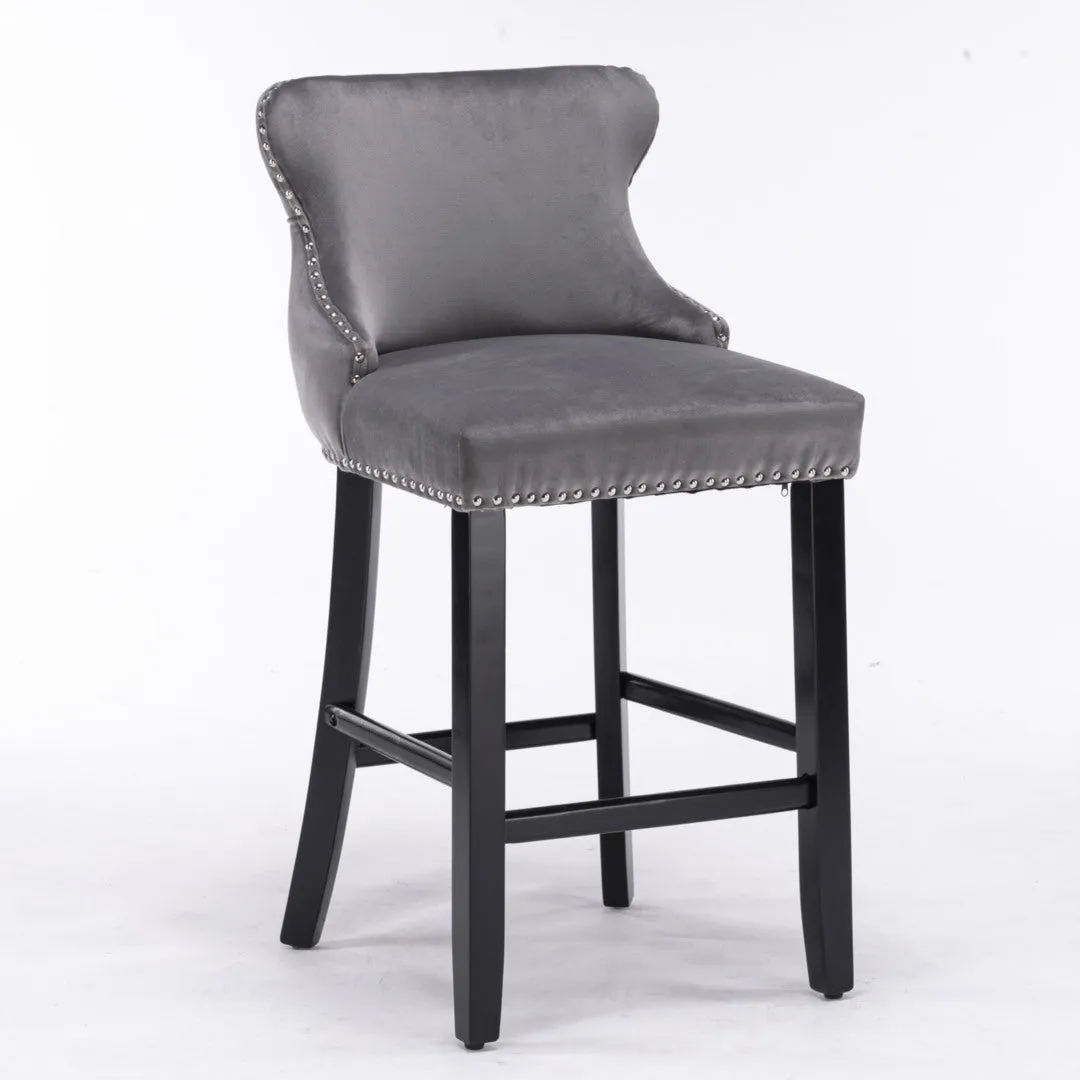 Two Velvet Upholstered Button Tufted Bar Stools with Wood Legs and Studs-Grey