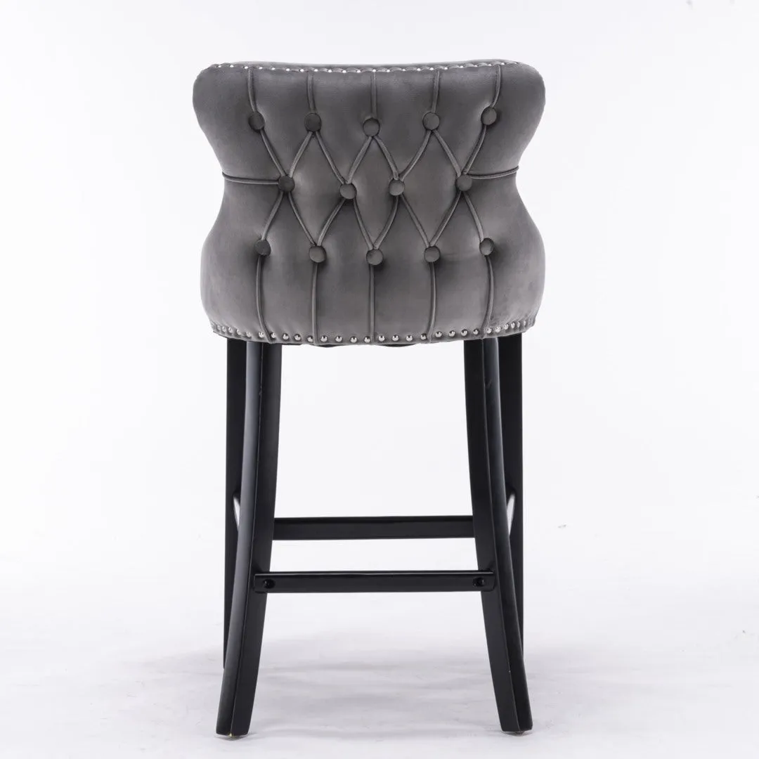 Two Velvet Upholstered Button Tufted Bar Stools with Wood Legs and Studs-Grey